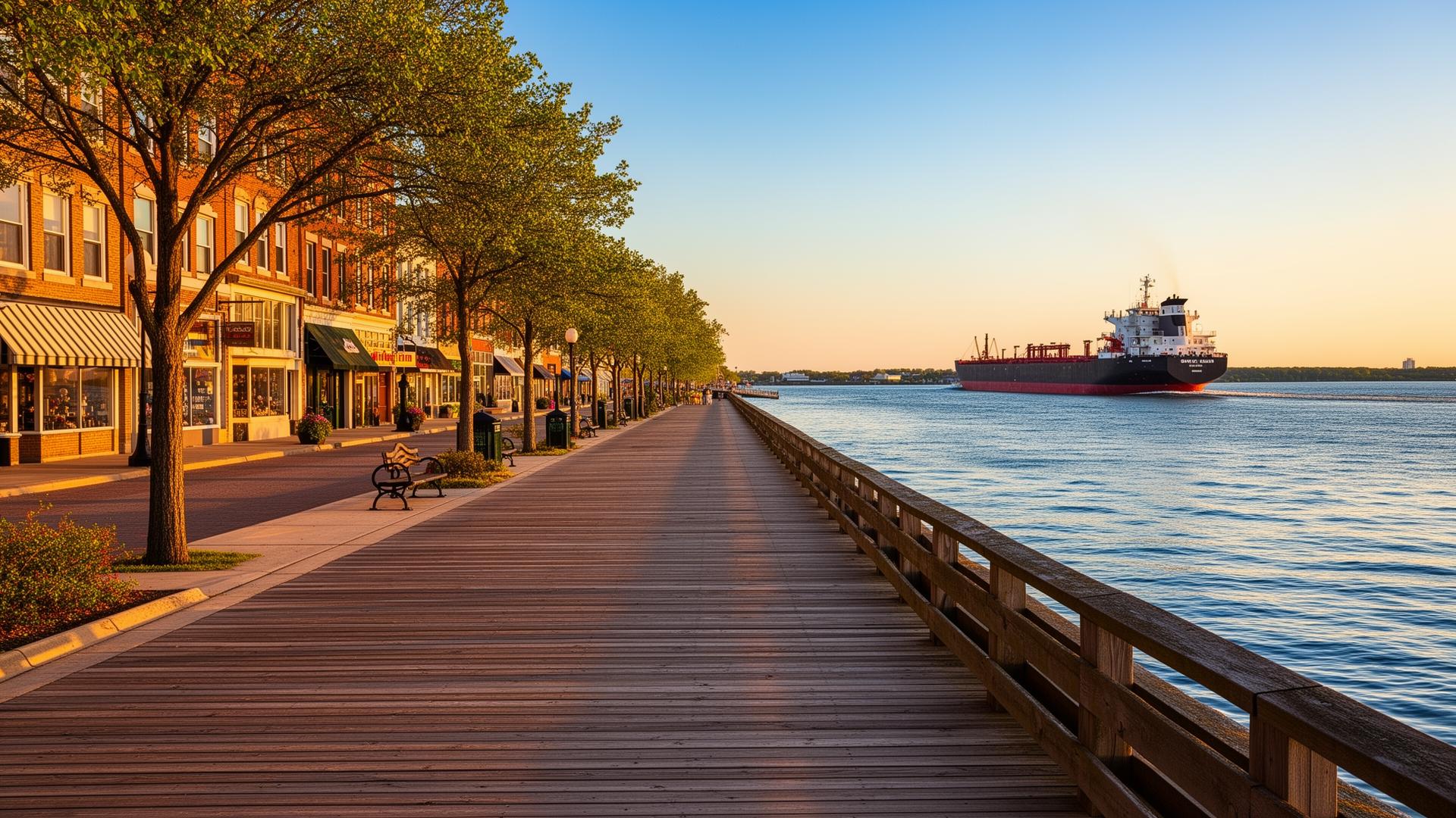 Downtown St. Clair, Michigan from the riverfront boardwalk with a freighter on the St. Clair River